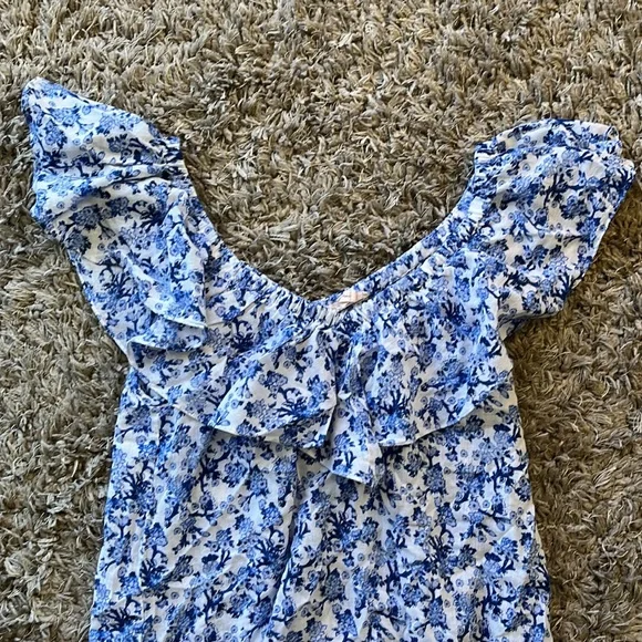 REBECCA TAYLOR Aimee Off Shoulder Blue & White Cotton Floral Top - Picture 5 of 13